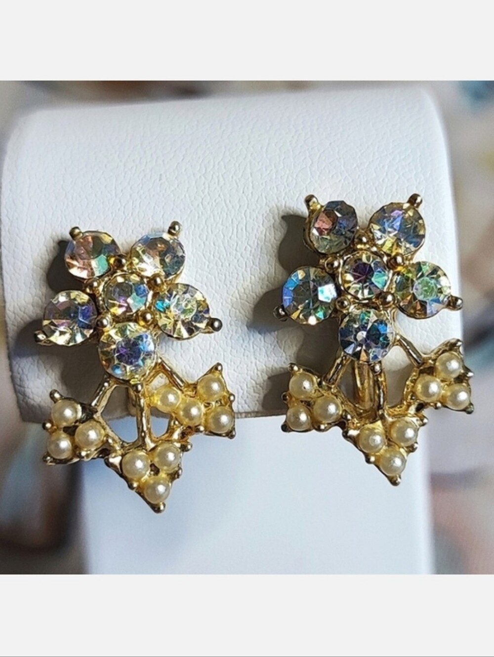 Coro Vintage Faux Pearls Aurora Borealis Flower Gold Tone Screw Back Earrings